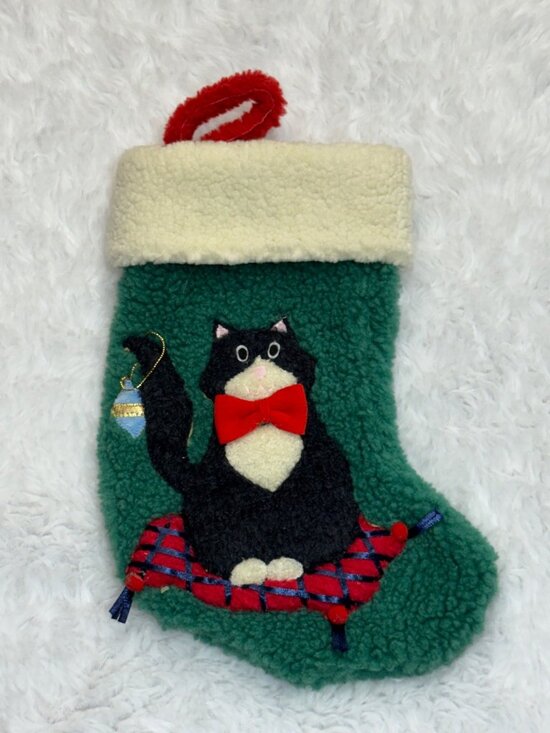 L'Art De Chine Other - Vintage Cat Christmas Stocking Red Bow Ornament Green Sherpa Fleece Decor Retro